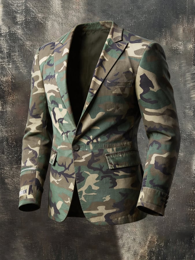 Men'S Vintage Distressed Workwear-Style Blazer Jacket With Color-Block Camouflage