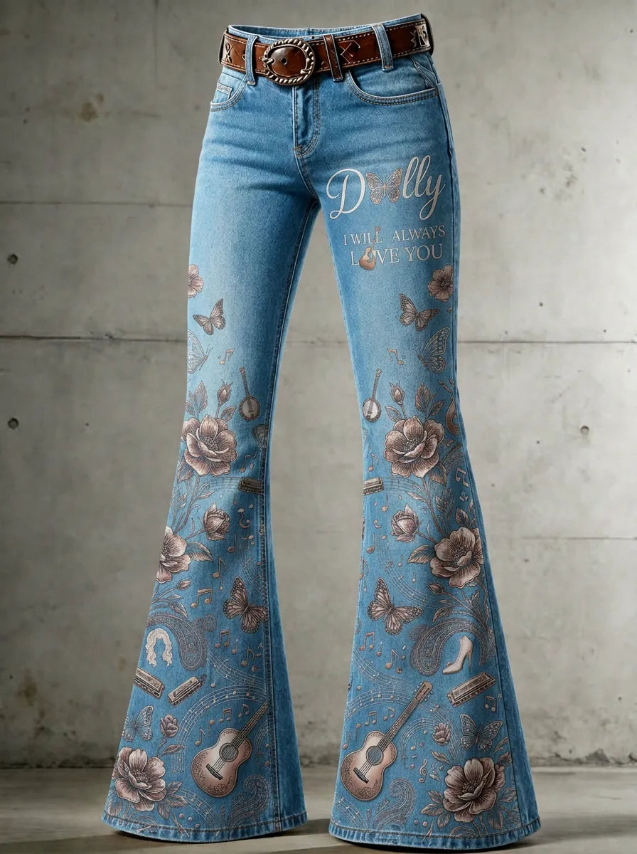 Women's Dolly Parton Butterfly Floral Guitar Printed Flare Jeans