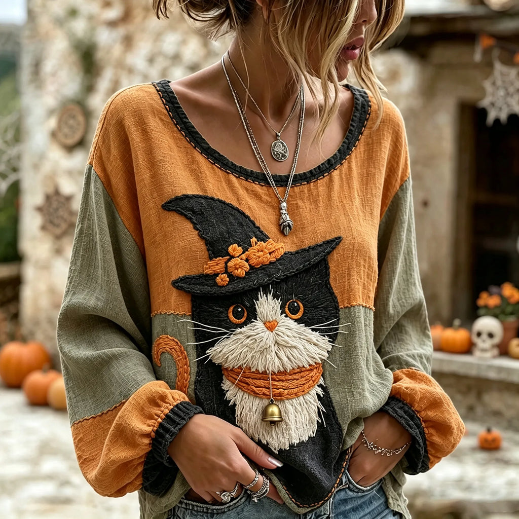 Women's Retro Halloween Cute Wizard Cat Art Embroidered Linen Blend Round Neck Long Sleeve Tops