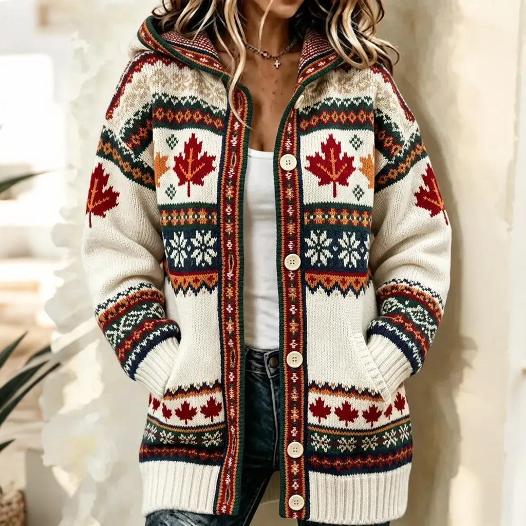 Women's Vintage Maple Leaf Jacquard Knit Cozy Hooded Cardigan