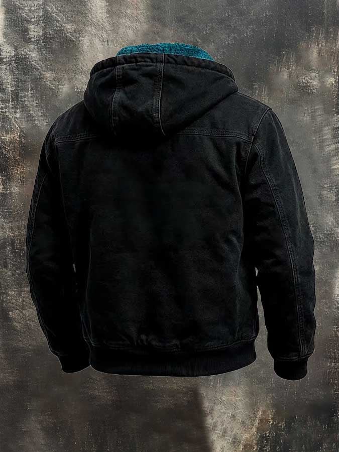 Men's Retro Color-Block Fleece-Lined Warm Hooded Utility Jacket