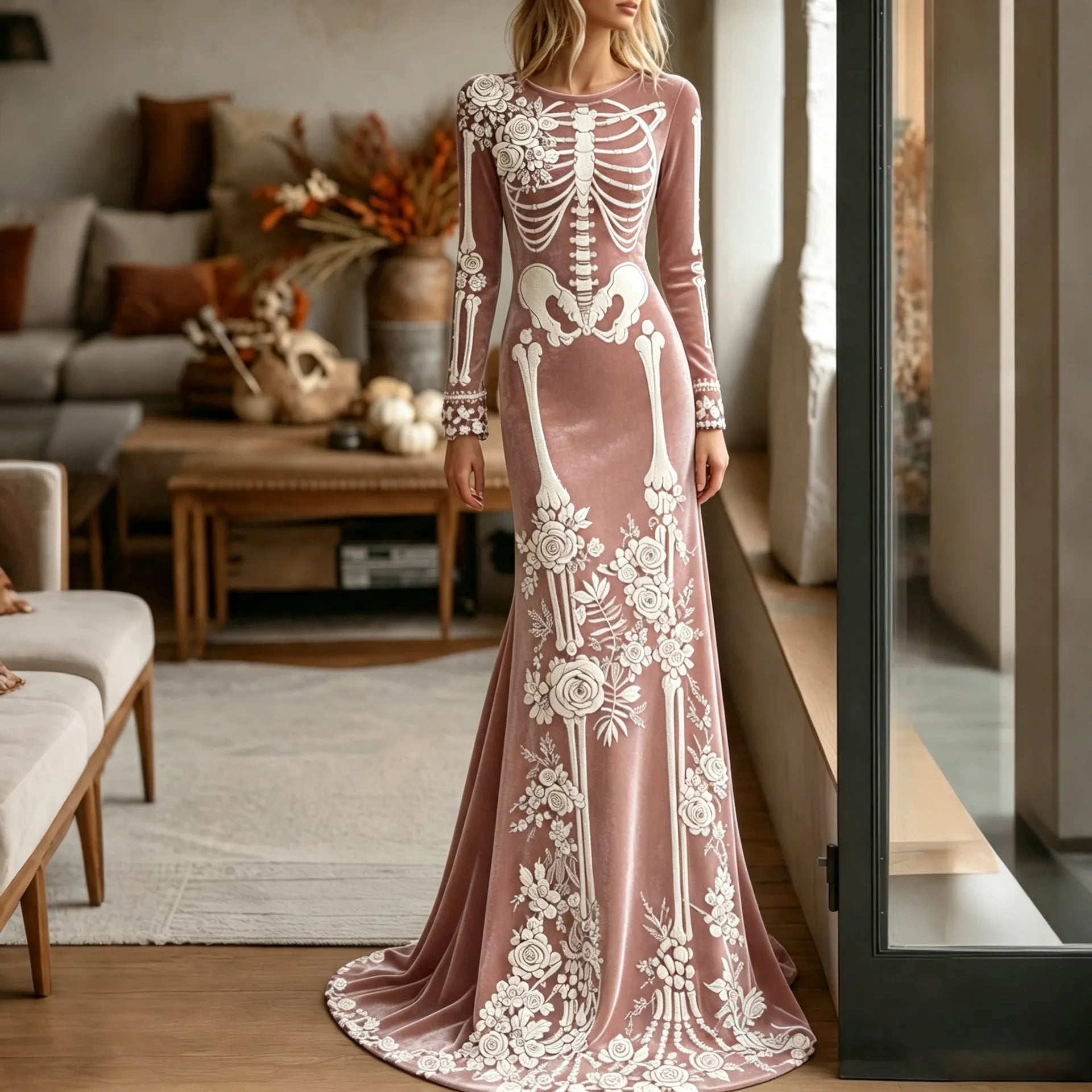 Women's Halloween Dark Gothic Rose Skeleton Velvet Round Neck Maxi Dress