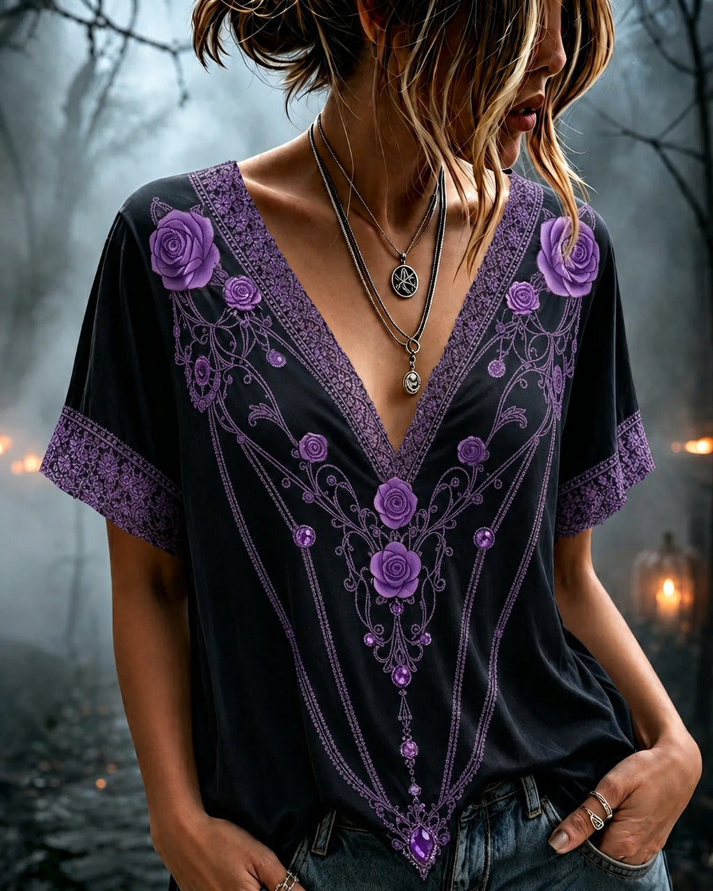 Women Retro Floral Embroidery V Neck Short Sleeve Top