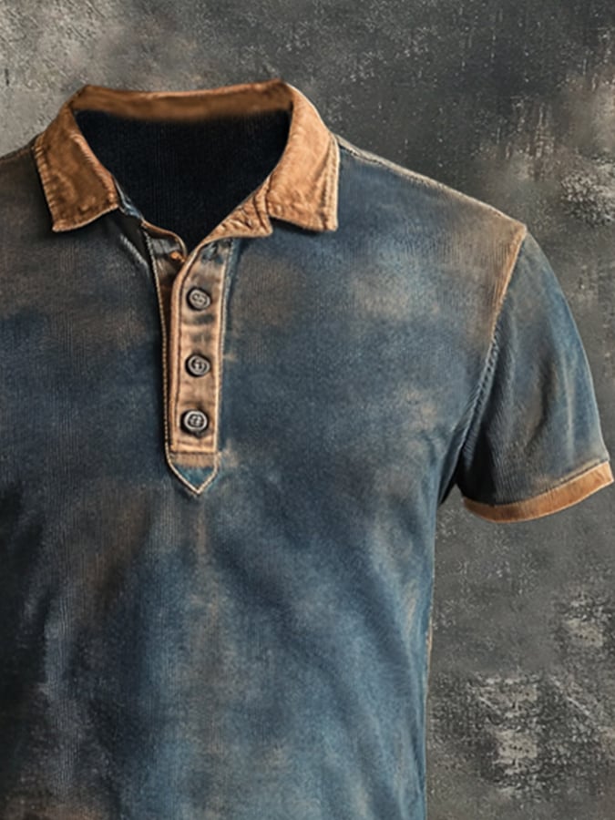 Men's retro wash colorblock short sleeve polo shirt