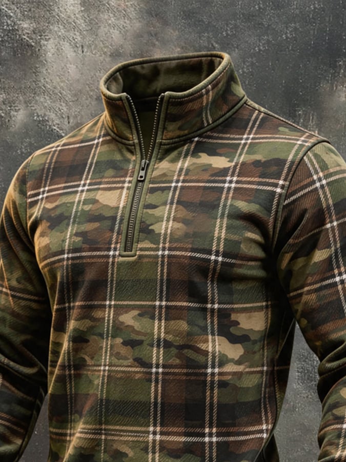 Men's Retro Color-Block Camouflage Print Quarter-Zip Sweatshirt