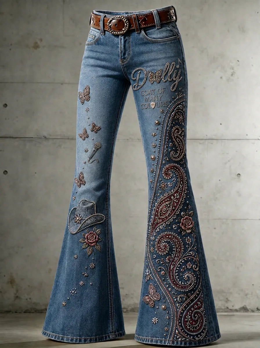Women's Dolly Parton Coat of Many Colours Paisley Butterfly Printed Flare Jeans