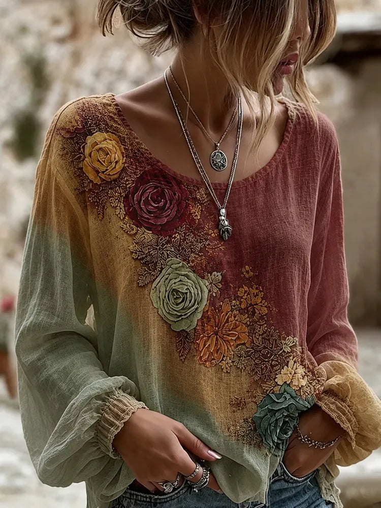The Sunset Collection Women's Classic Bohemian Floral And Rose Gradient Print Linen Blend Round Neck Long Sleeve Tops