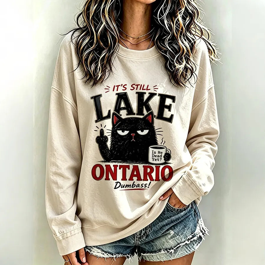 Women's Retro Lake Ontario Cat Art Print Crew Neck Sweatshirt