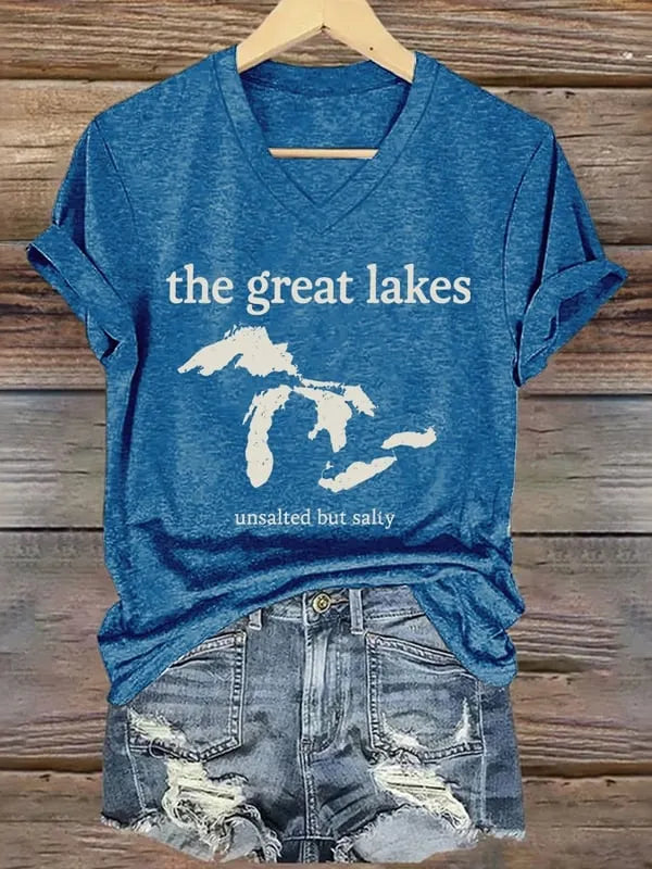 V-neck Retro The Great Lakes Unsalted But Salty Print T-shirt