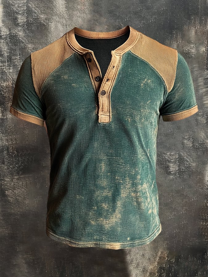 Men's Vintage Distressed Colorblock Casual Henley Short Sleeve T-Shirt