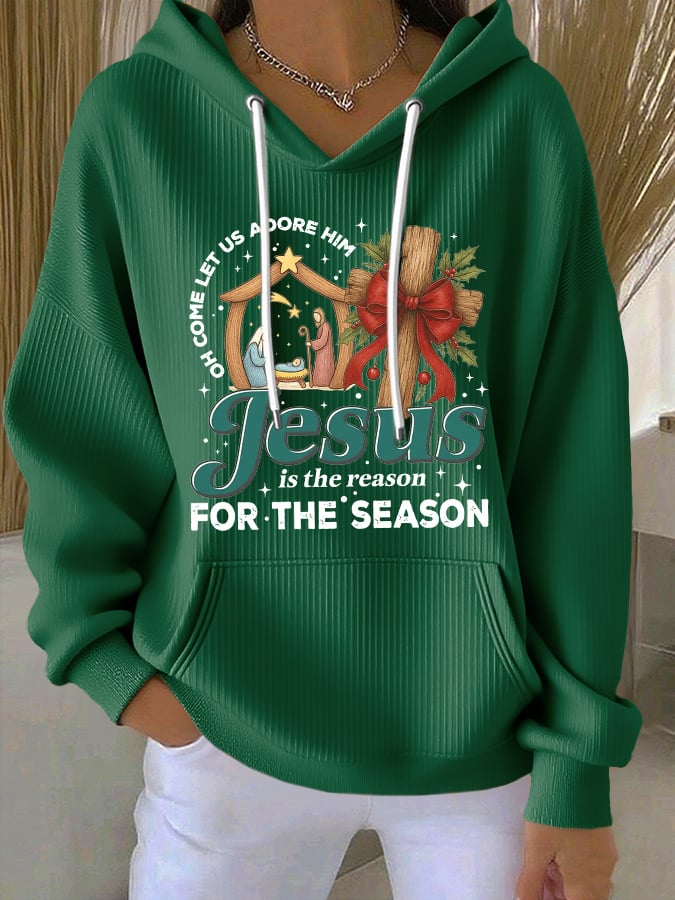 Women's Casual Christmas Nativity Print Long Sleeve Hooded Sweatshirt