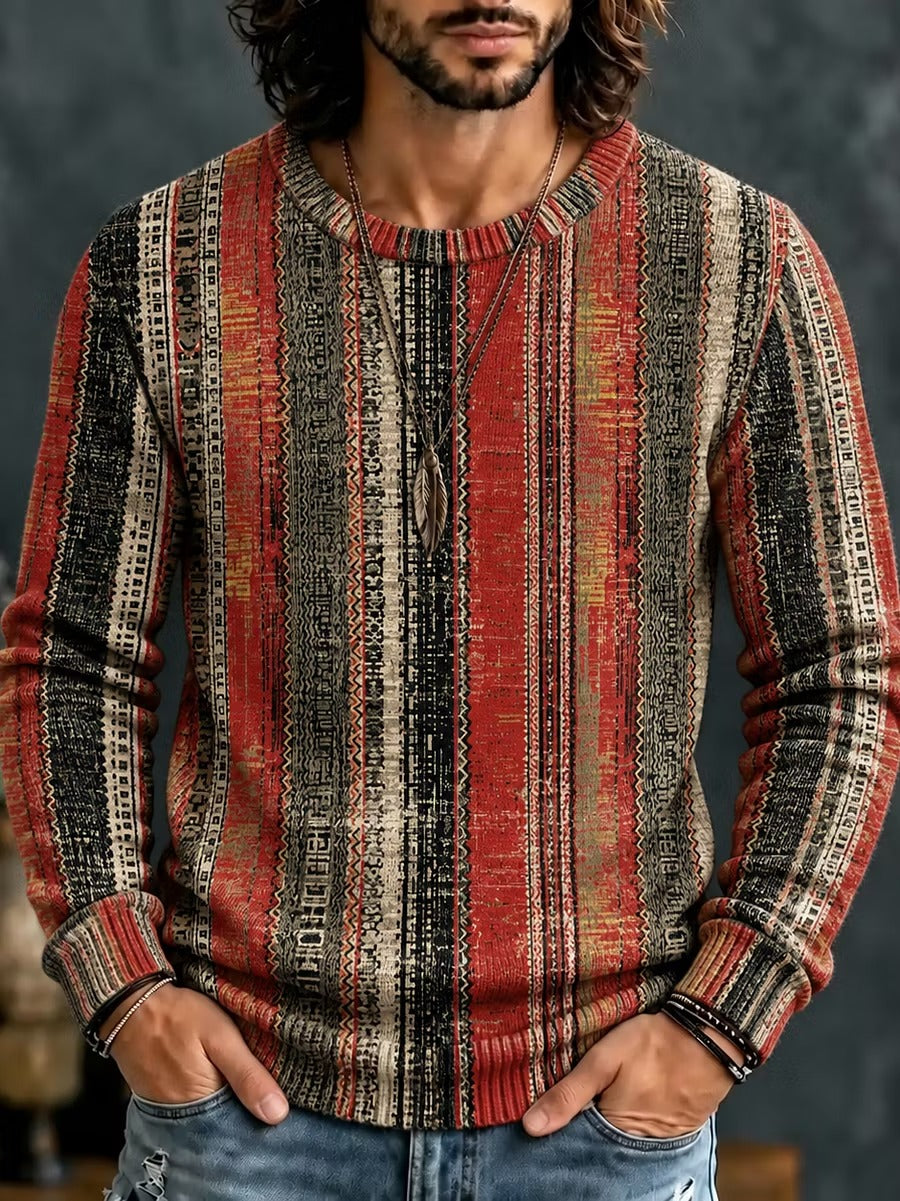 Men's Rustic Vertical Stripes Print Round Neck Sweater