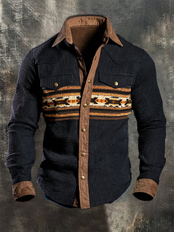 Men's Vintage-Style Faux Suede Aztec Western Shirt