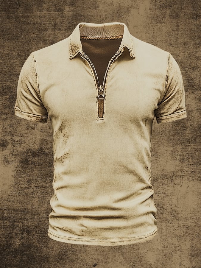 Men's casual zip-up polo shirt in retro wash style