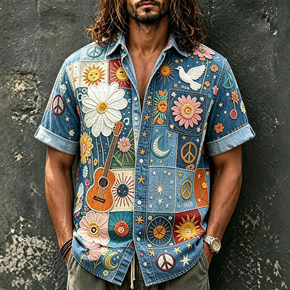 Men's 1969 Flower Guitar Peace Dove Print Short Sleeve Buttons Shirt