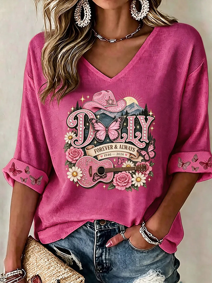 Women's commemorative pattern Waffle V-neck top