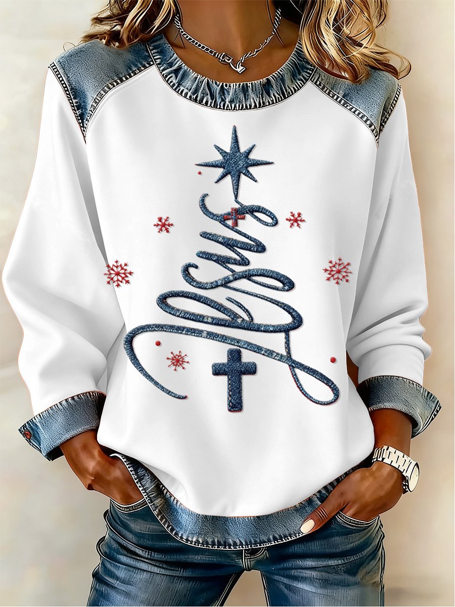 Women's Casual Retro Faith Christmas Tree Sweatshirt