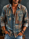 Men's Muted Stripes And Irregular Blocks Print Pockets Long Sleeve Shirt