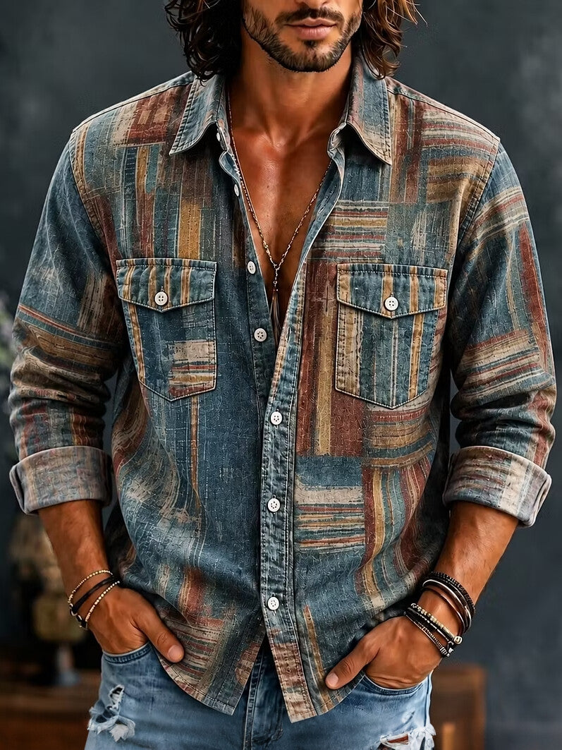 Men's Muted Stripes And Irregular Blocks Print Pockets Long Sleeve Shirt