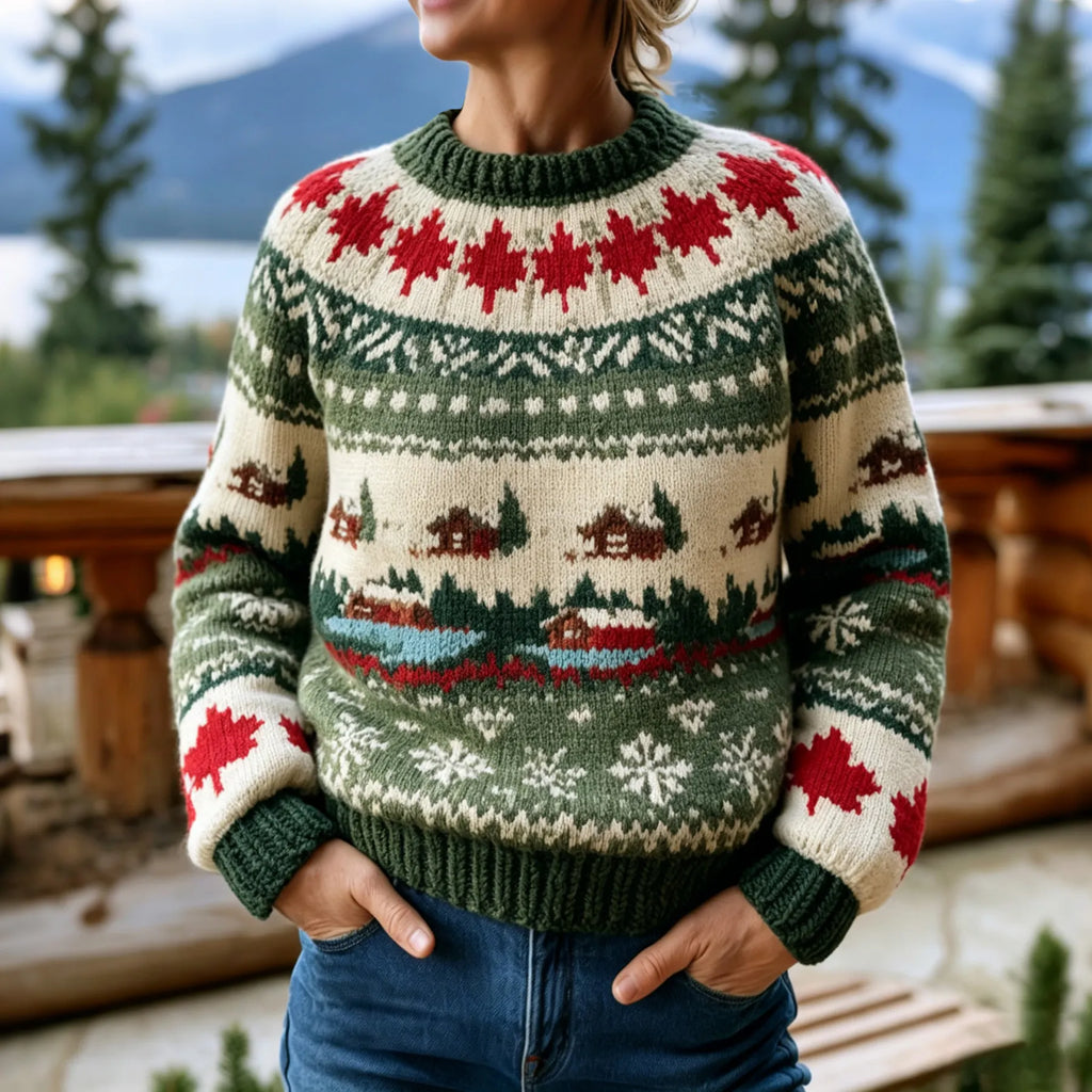Women's Vintage Maple Leaf And Lake Print Crew Neck Knit Sweater
