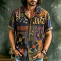 Men's Vintage Jazz Vinyl Patchwork Print Short Sleeve Buttons Shirt