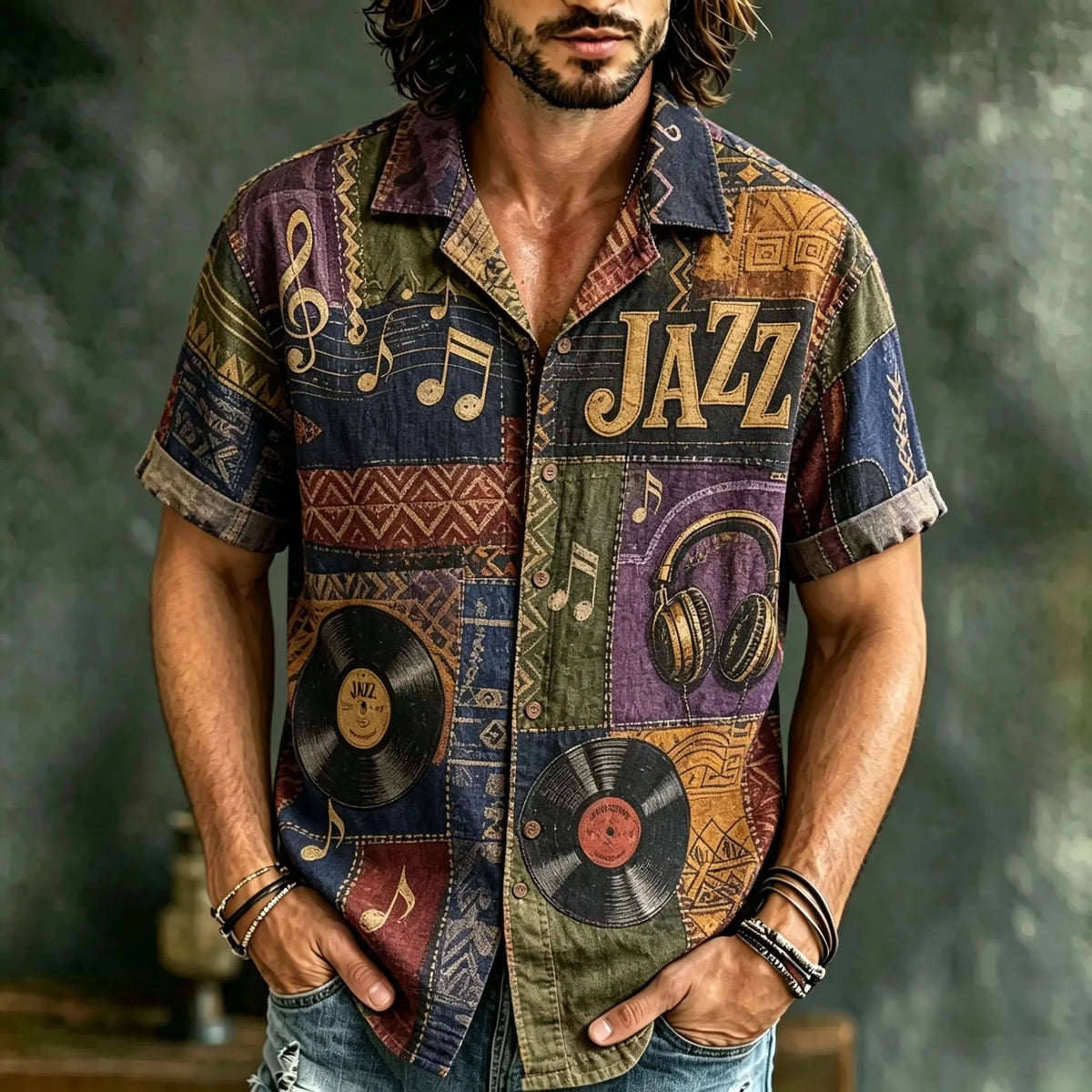 Men's Vintage Jazz Vinyl Patchwork Print Short Sleeve Buttons Shirt