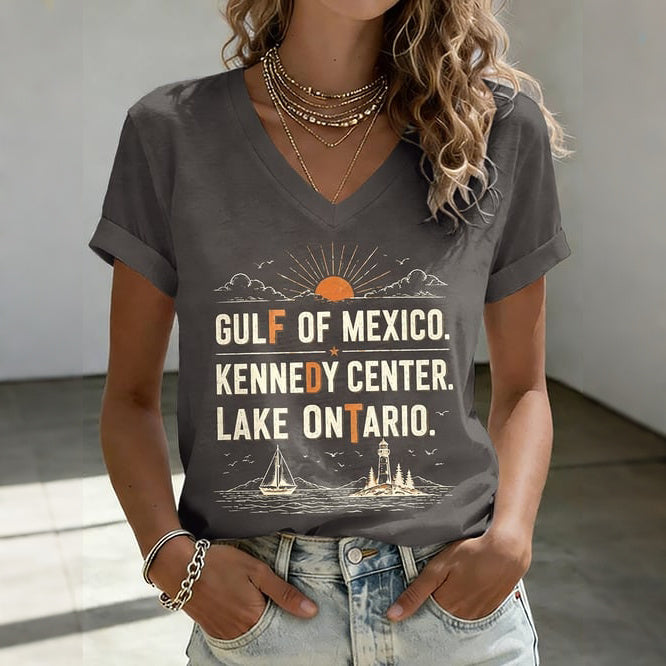 V-neck Retro Fdt Gulf Of Mexico. Kennedy Center. Lake Ontario. Print T-shirt
