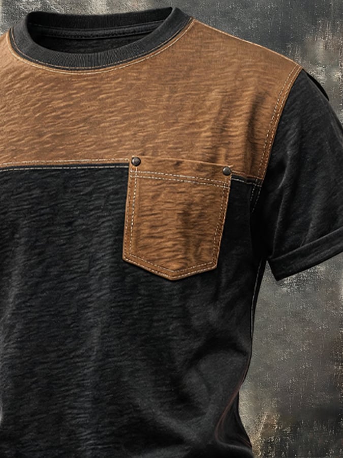 Men's Vintage Slub Cotton Color-Block Pocket T-Shirt