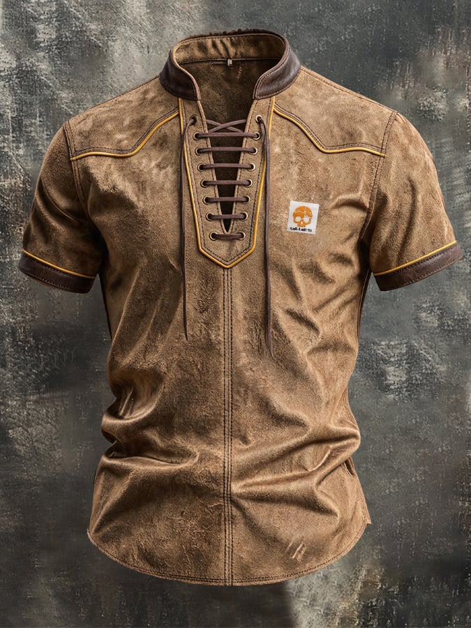 Men's Retro Faux Suede and Leather Panel Lace-Up T-Shirt