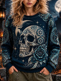 Vintage Dark Gothic Boho Paisley Sugar Skull Blue Rose Moon Sweatshirt