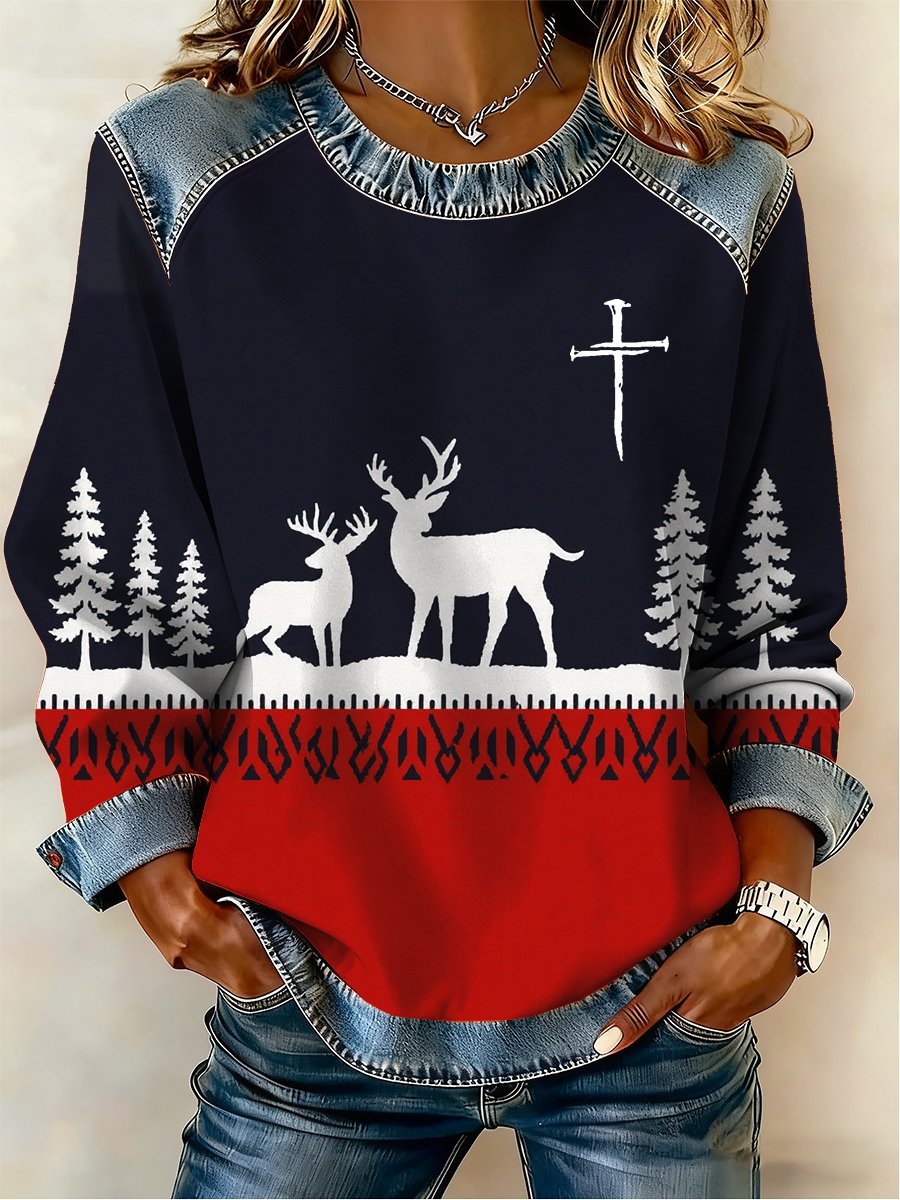 Women's Casual Retro Christmas Fleece-Lined Color-Blocked Sweatshirt
