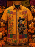 Men's Day Of The Dead Guitar‐Playing Charro Skeleton Print Short Sleeve Buttons Shirt