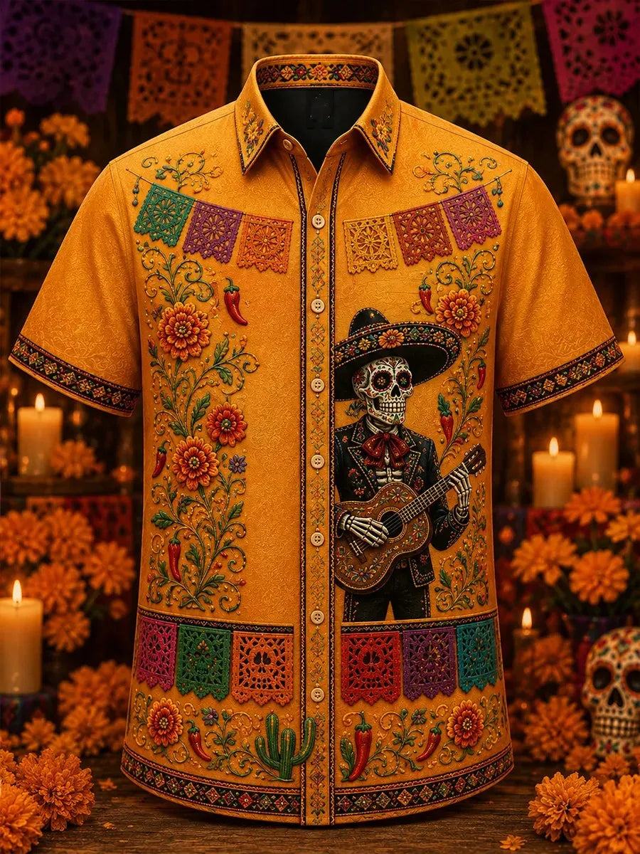 Men's Day Of The Dead Guitar‐Playing Charro Skeleton Print Short Sleeve Buttons Shirt