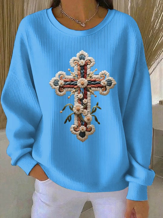 Women's Embroidered Cross Art Print Crew Neck Sweatshirt