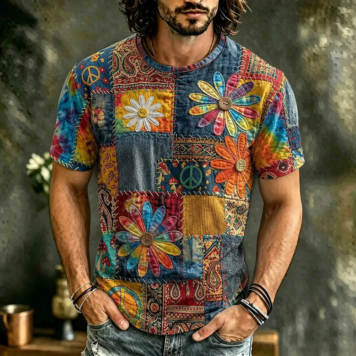 Men's Mixed Textile Hippie Mushroom Floral Print Crew Neck Short Sleeve T-Shirt