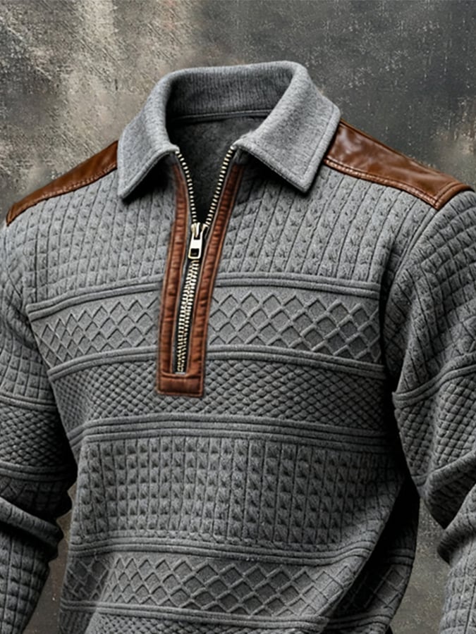 Men's Retro Color-Block Leather Half-Zip Long-Sleeve Polo Sweatshirt