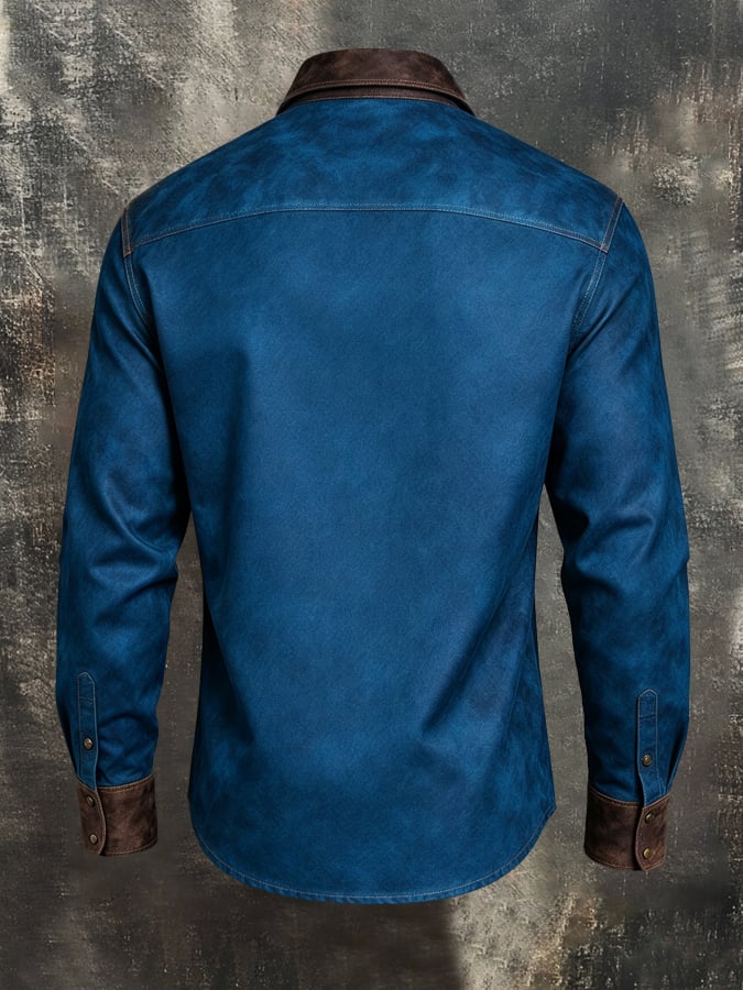 Men'S Retro Western-Style Long-Sleeve Shirt With Leather Paneling And Color-Blocking