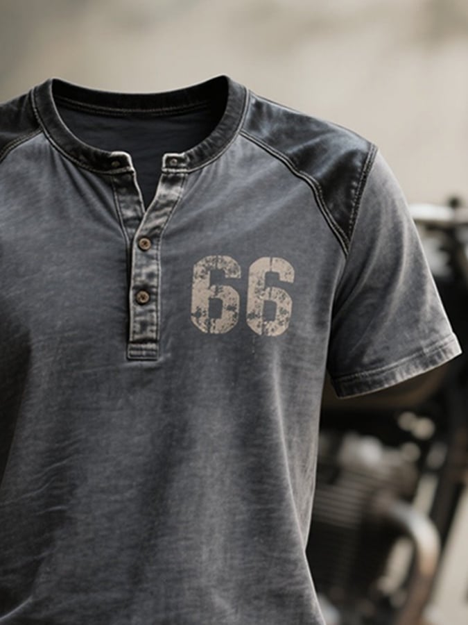 Men's Vintage Distressed Colorblock Casual Henley Short Sleeve T-Shirt