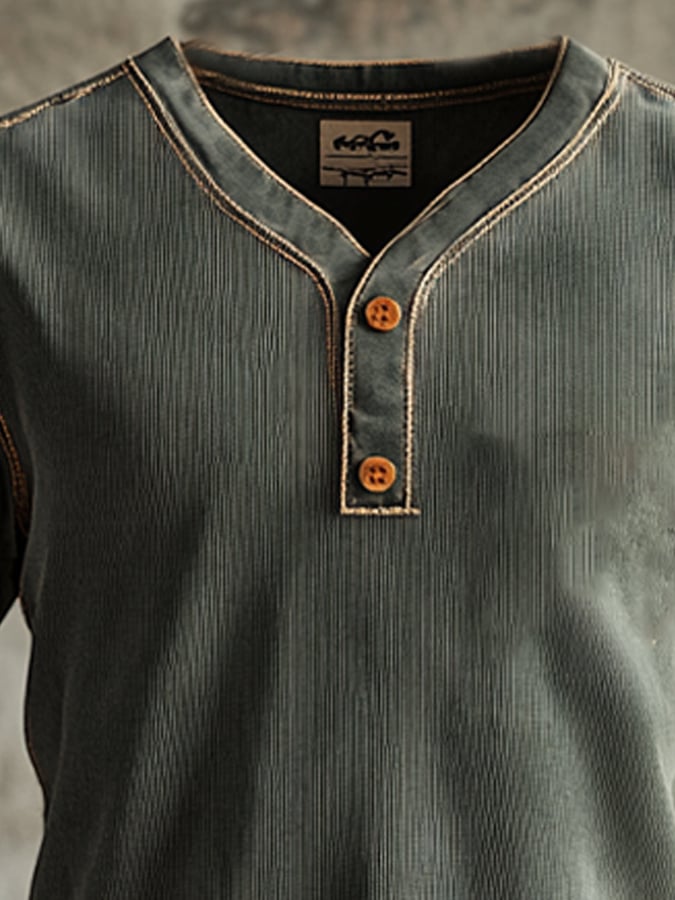 Men's V-neck retro striped elastic button-front short-sleeved T-shirt