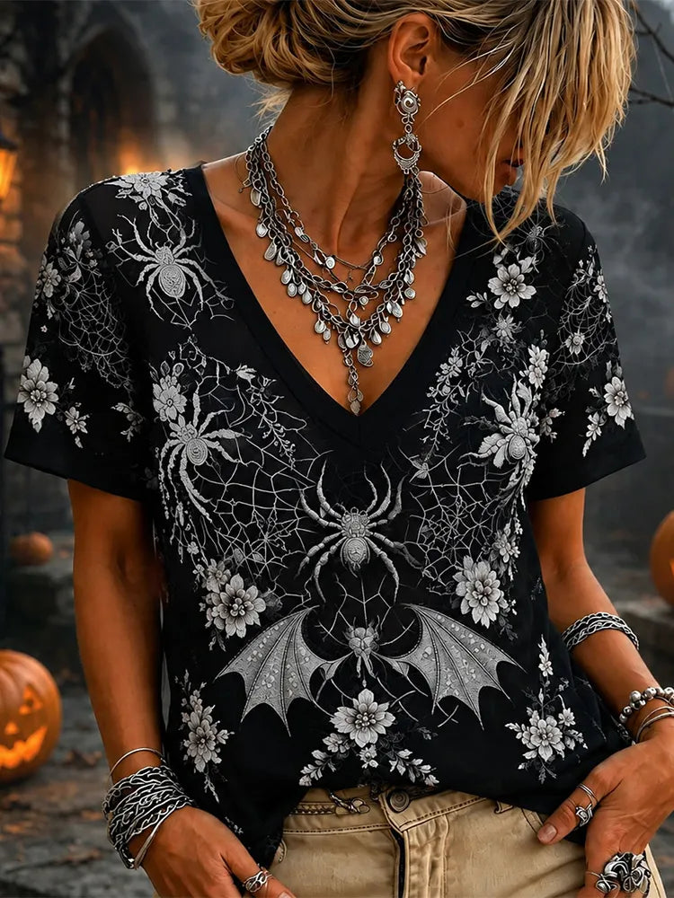 Women 3d Silver Spider Bat Floral Lace Mesh V Neck Short Sleeve Gothic Witch Halloween Top