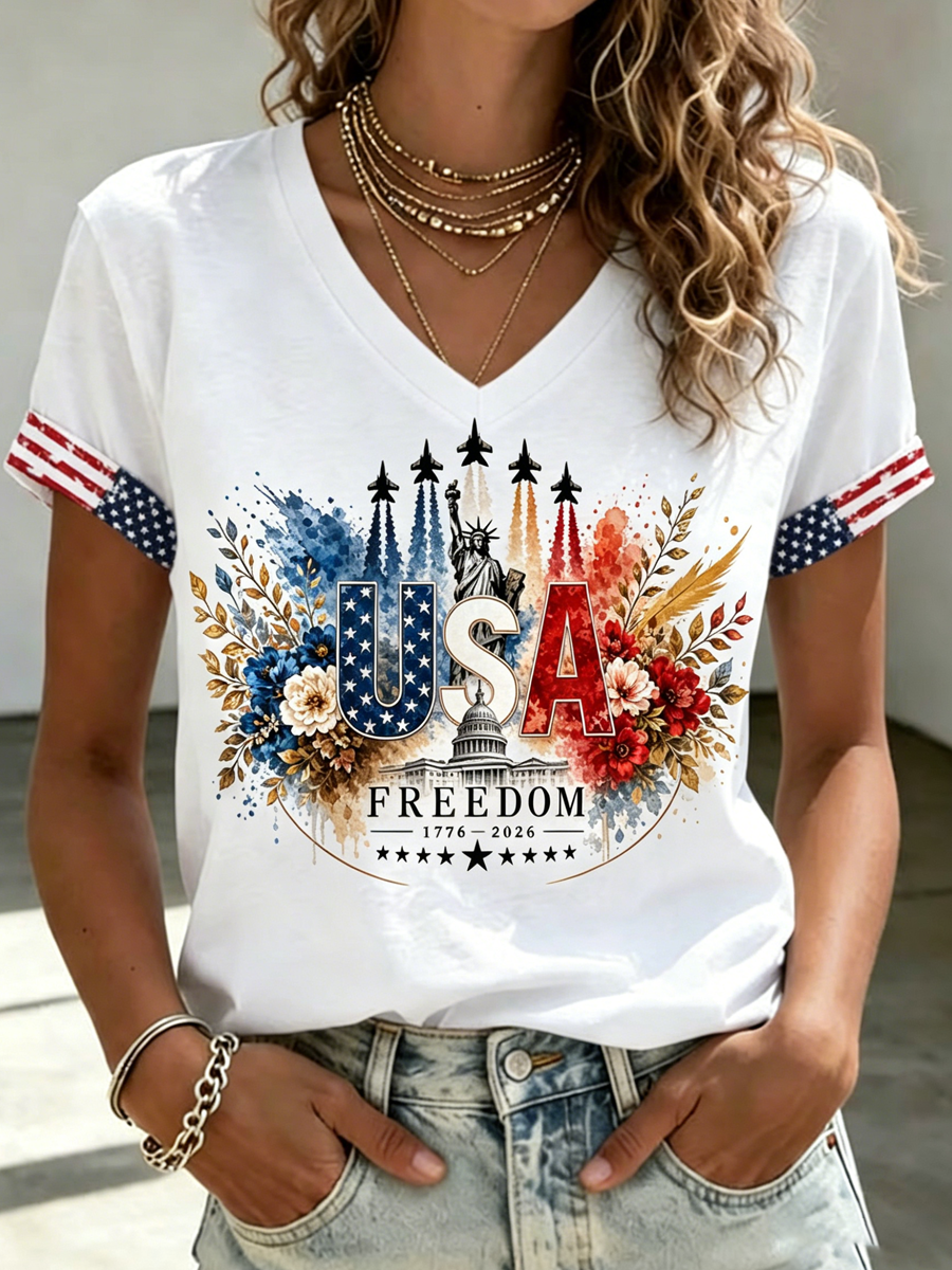 Women's Independence Day Faith Cross Flag Print Crew Neck Short Sleeve T-shirt