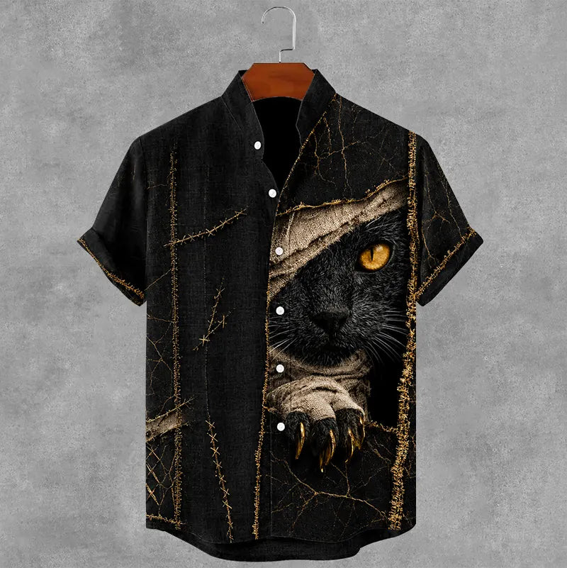 Men's Gothic Bandage Black Cat Art Short Sleeve Linen Shirt