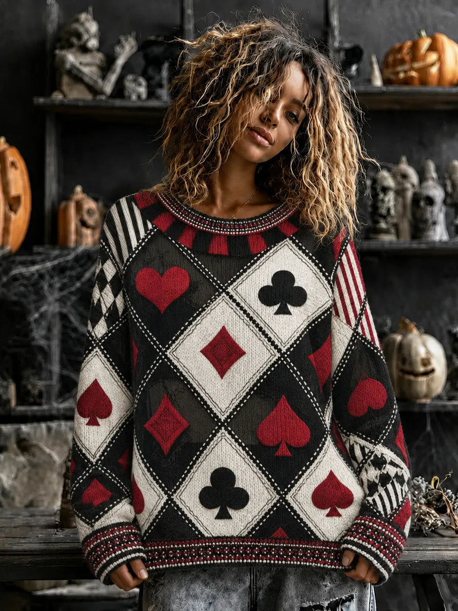 Halloween Gothic  Playing Card Cosplay Pattern Cozy Knit Sweater