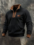 Men's Retro Textured Fabric & Suede Panel Quarter-Zip Long-Sleeve Sweatshirt