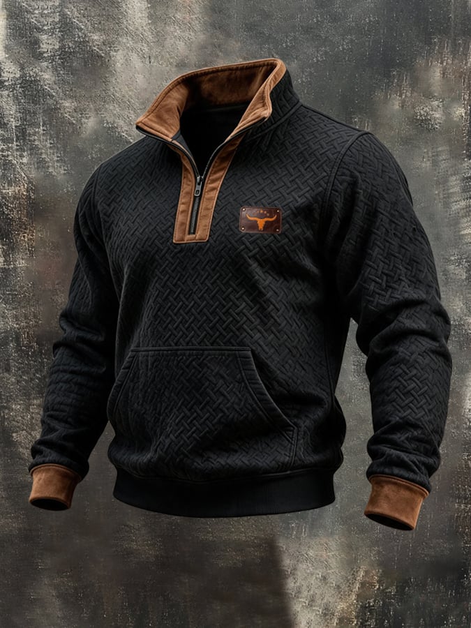 Men's Retro Textured Fabric & Suede Panel Quarter-Zip Long-Sleeve Sweatshirt