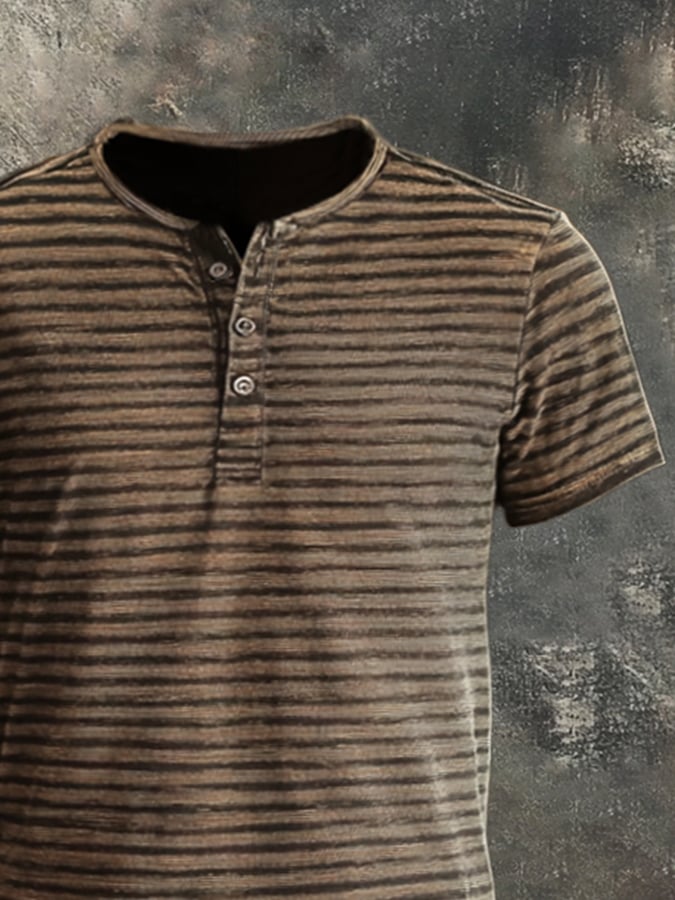 Men's Vintage Stripe Casual Henley Short Sleeve T-Shirt