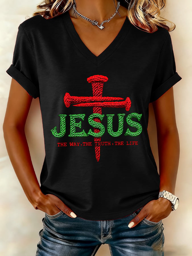 Women's Christmas Cross Print V-Neck T-Shirt