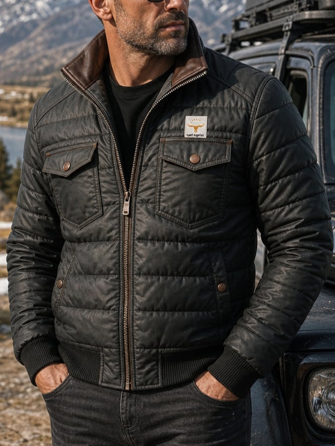 Men's Retro Leather Quilted Patchwork Warm Zipper Outdoor Jacket