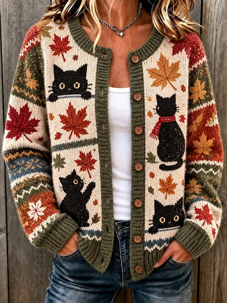 Women's Maple Leaf Black Cat Color Block Print Crew Neck Cardigan