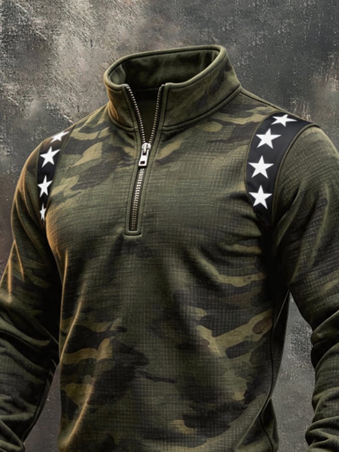 Men's Retro Color-Block Camouflage Print Quarter-Zip Sweatshirt